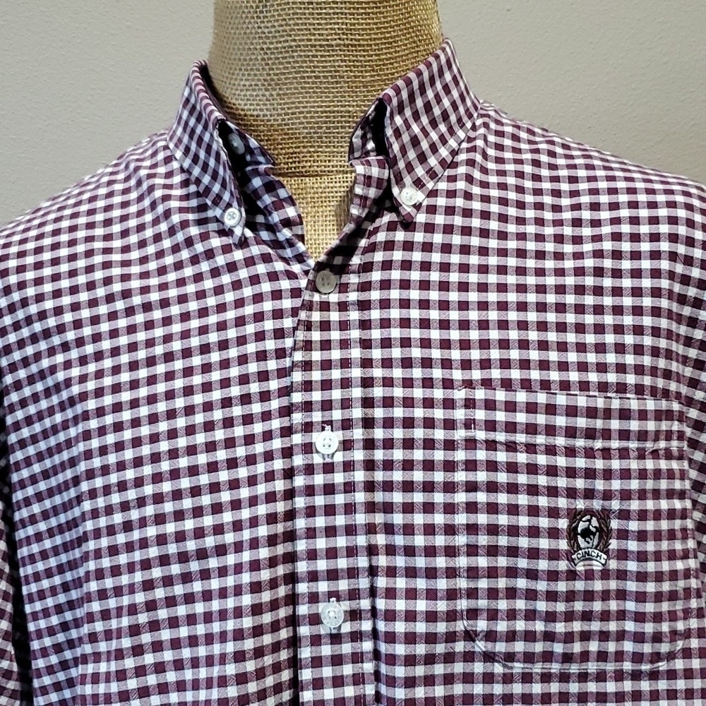 Cinch checkered burgandy white button down shirt cotton